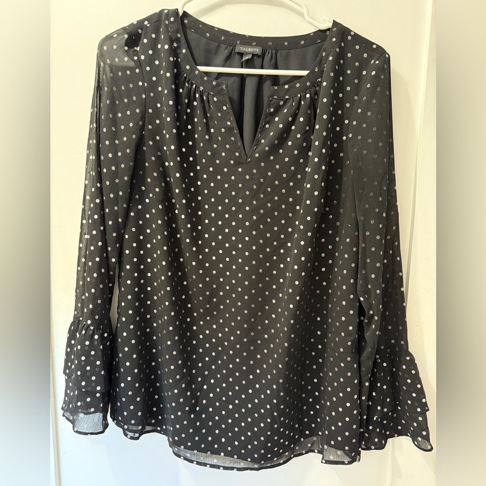 🛍️ Talbots Black and Silver Polka Dot Blouse
